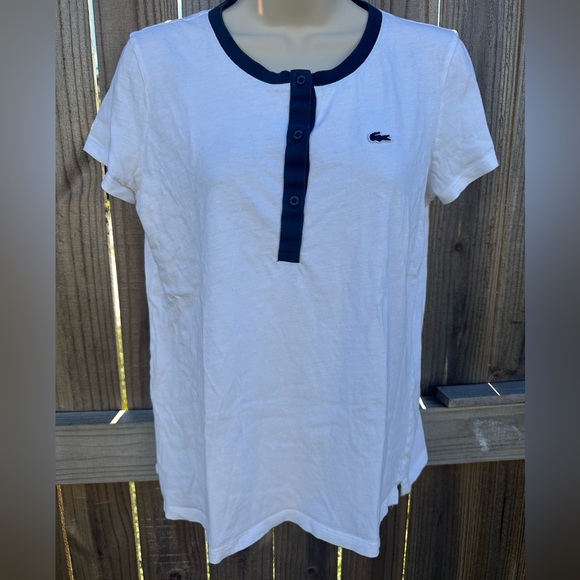 Lacoste Women’s White Henley Tee with Navy Trim - Size 40 (medium) - Picture 1 of 6